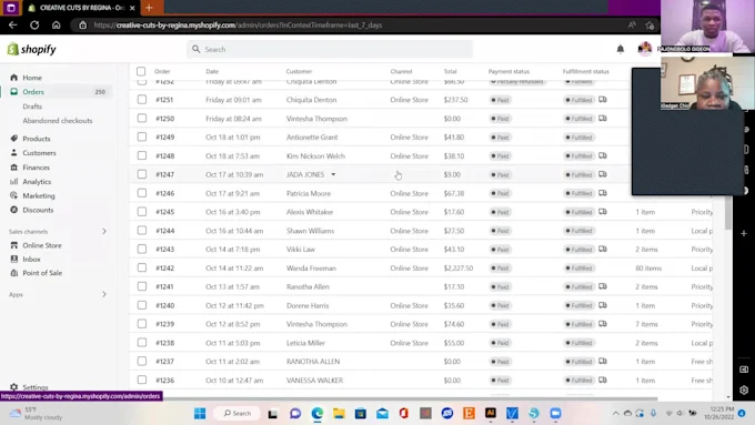 Creative Cuts by Regina — 256 Shopify orders across 7 days